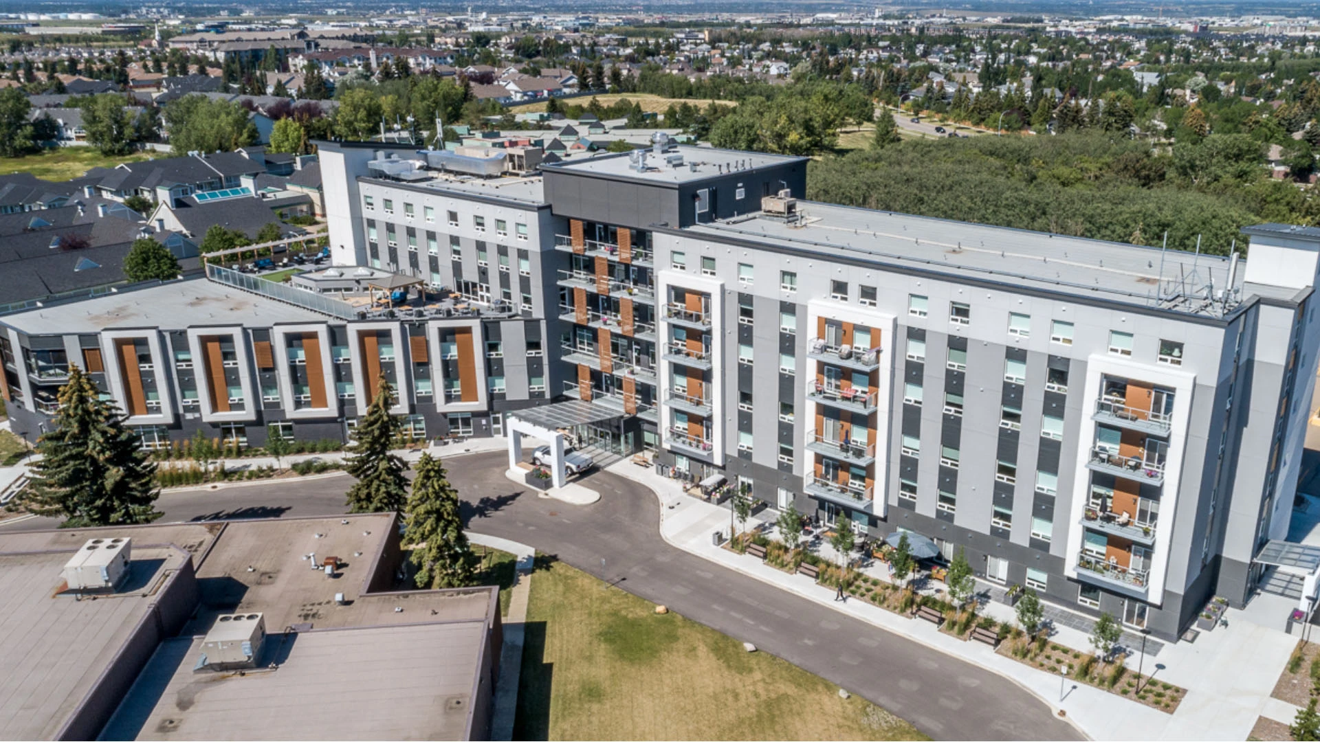 A drone view of Aster Gardens in Sherwood Park